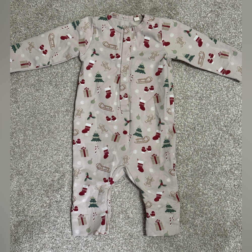 Festive Neutral Holiday Print Henley Romper